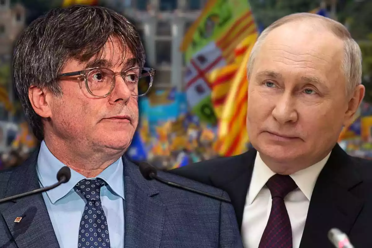 Muntatge amb un pla mitjà curt de Carles Puigdemont mirant al costat dret, on hi ha un pla mitjà de Vladimir Putin. De fons, una imatge difuminada d'una manifestació independentista amb diverses estelades