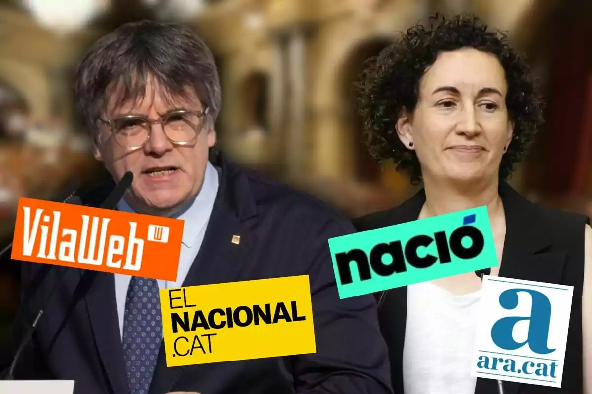 Dues persones apareixen a la imatge, una d'elles parlant davant d'un micròfon, amb logotips de mitjans de comunicació com VilaWeb, El Nacional.cat, Nació i Ara.cat superposats.