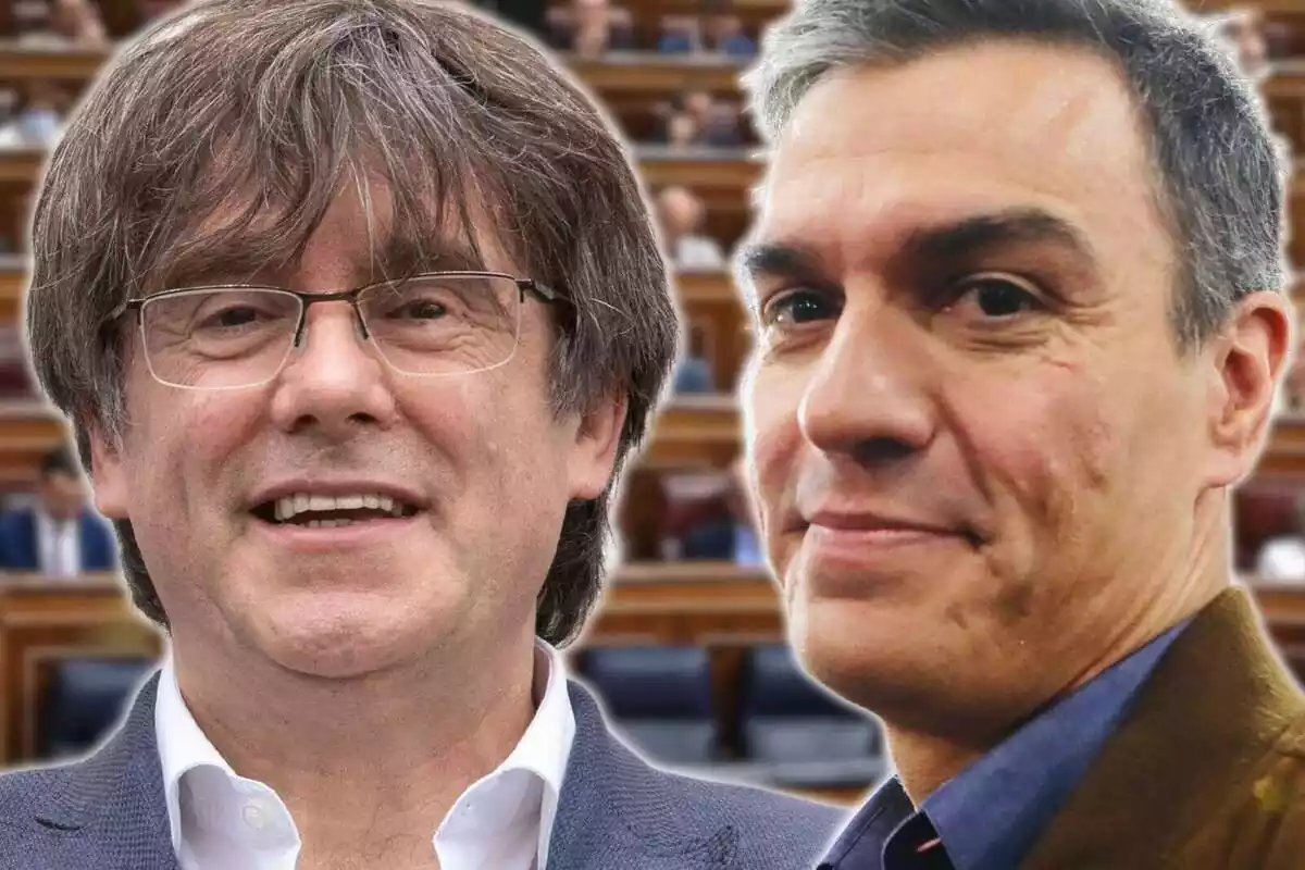 Muntatge amb un primer pla de Carles Puigdemont i Pedro Sánchez somrient