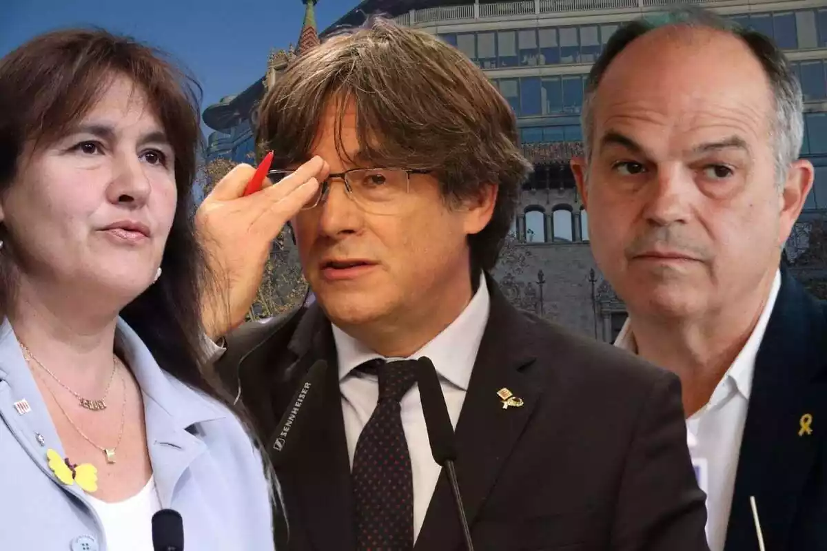 Muntatge amb tres plans mitjans de Laura Borràs, Carles Puigdemont i Jordi Turull amb cara de preocupació