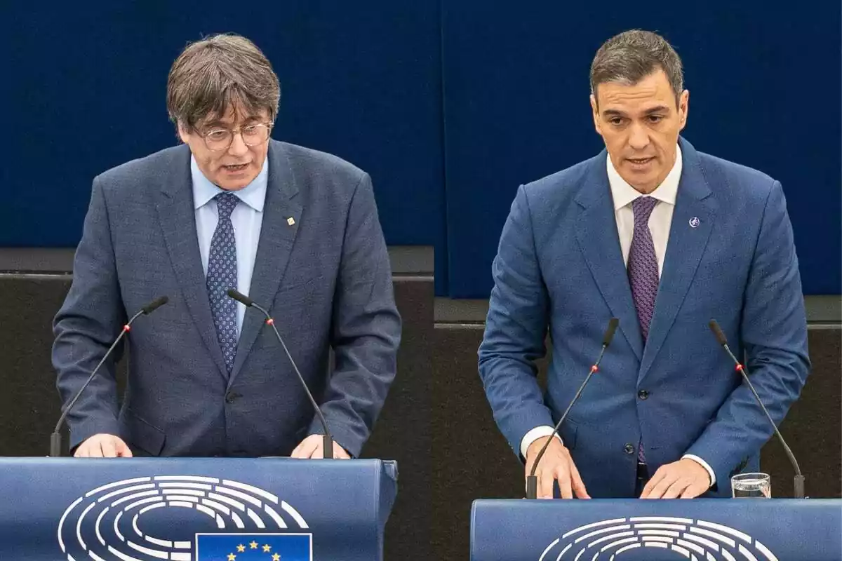 Muntatge amb un pla mitjà de Carles Puigdemont parlant des de la tribuna del Parlament Europeu i un altre de Pedro Sánchez fent el mateix