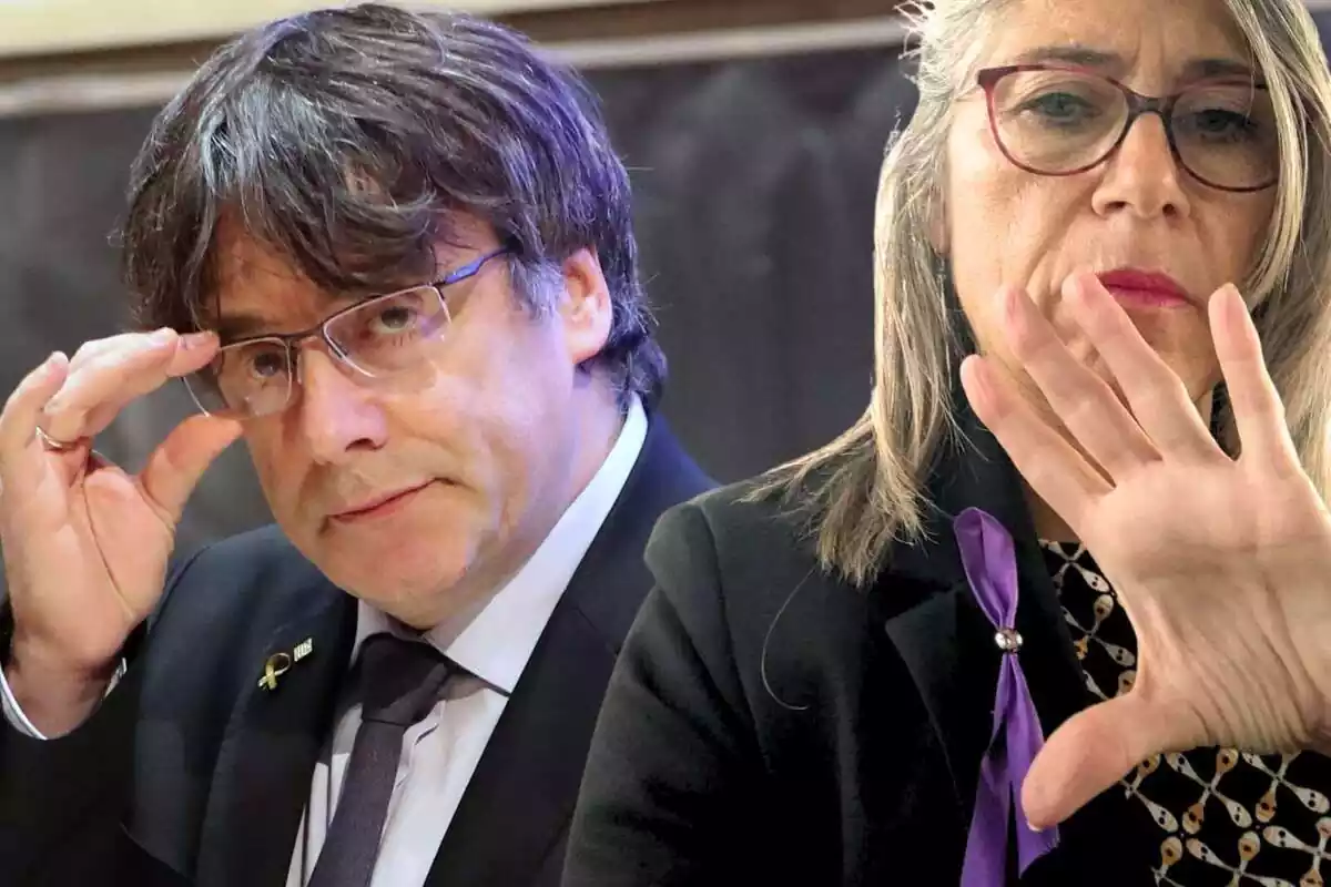 Fotomuntatge amb Carles Puigdemont de Fons i Assumpció Castellví en primer pla