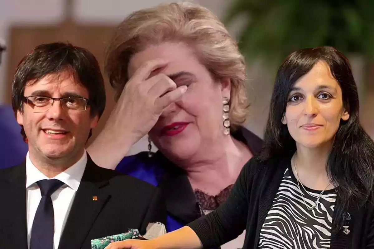 Muntatge amb Pilar Rahola de fons visiblement emocionada i amb Carles Puigdemont i Silvia Orriols en primer pla