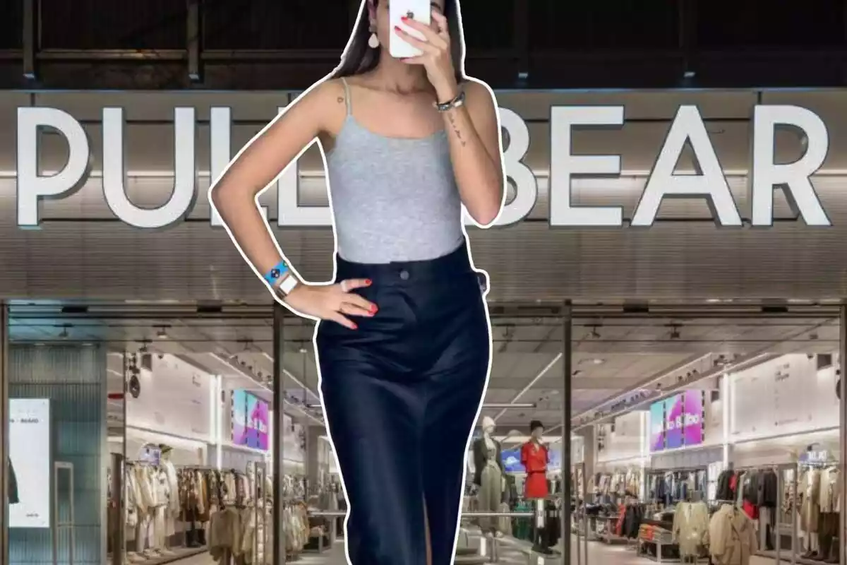 Imatge de fons d´una botiga Pull and Bear i una altra imatge en primer pla d´una persona posant amb una faldilla midi efecte pell en color negre de la marca