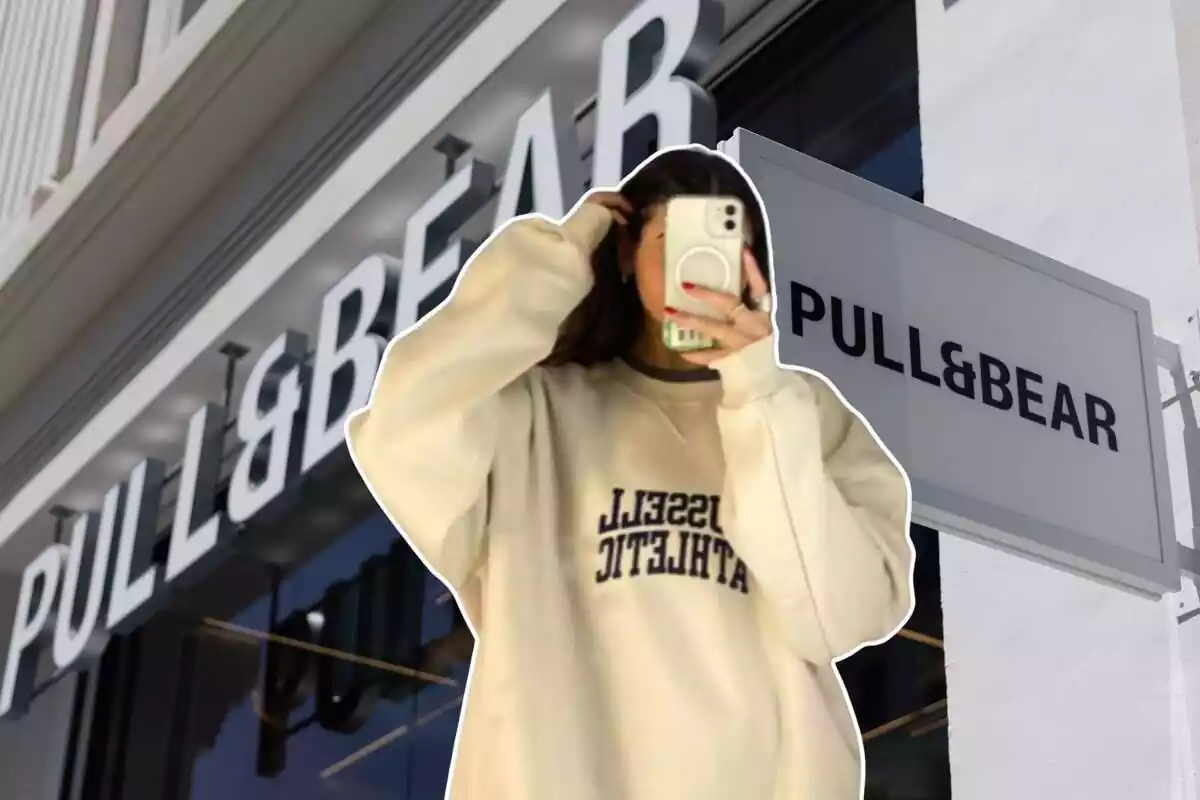 Imatge de fons d´una botiga Pull and Bear i una altra imatge en primer pla d´una persona posant amb una dessuadora en color beix i amb estampat de la mateixa marca