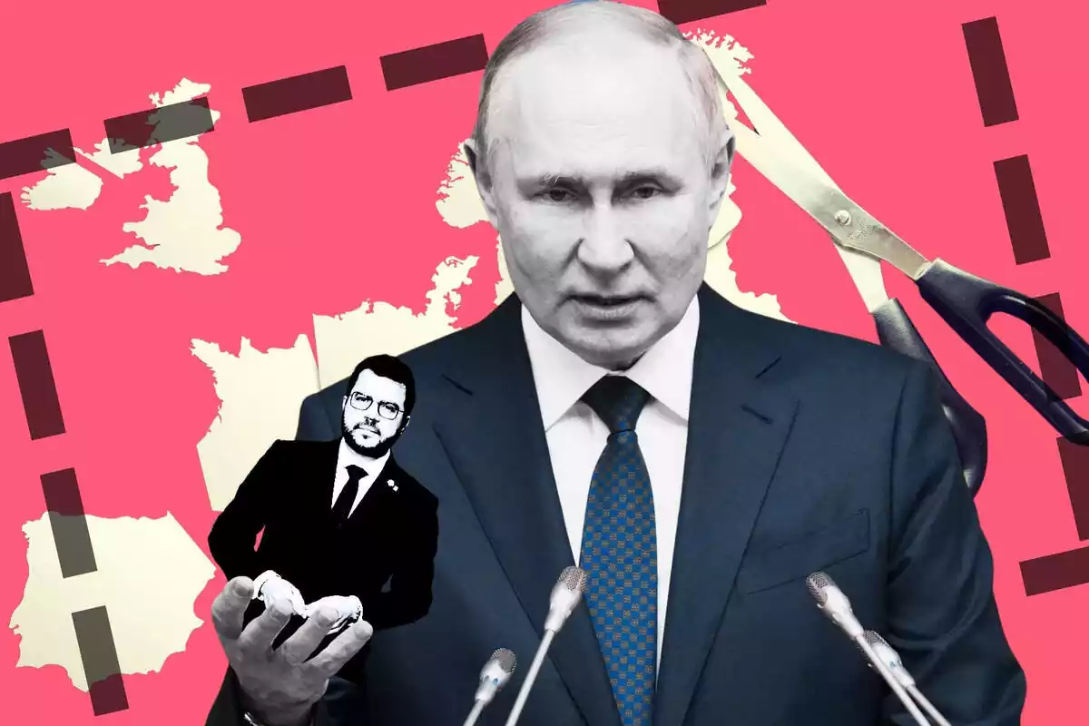 Muntatge amb Pere Aragonès al palmell de la mà de Putin amb un mapa d'Europa retallat de fons