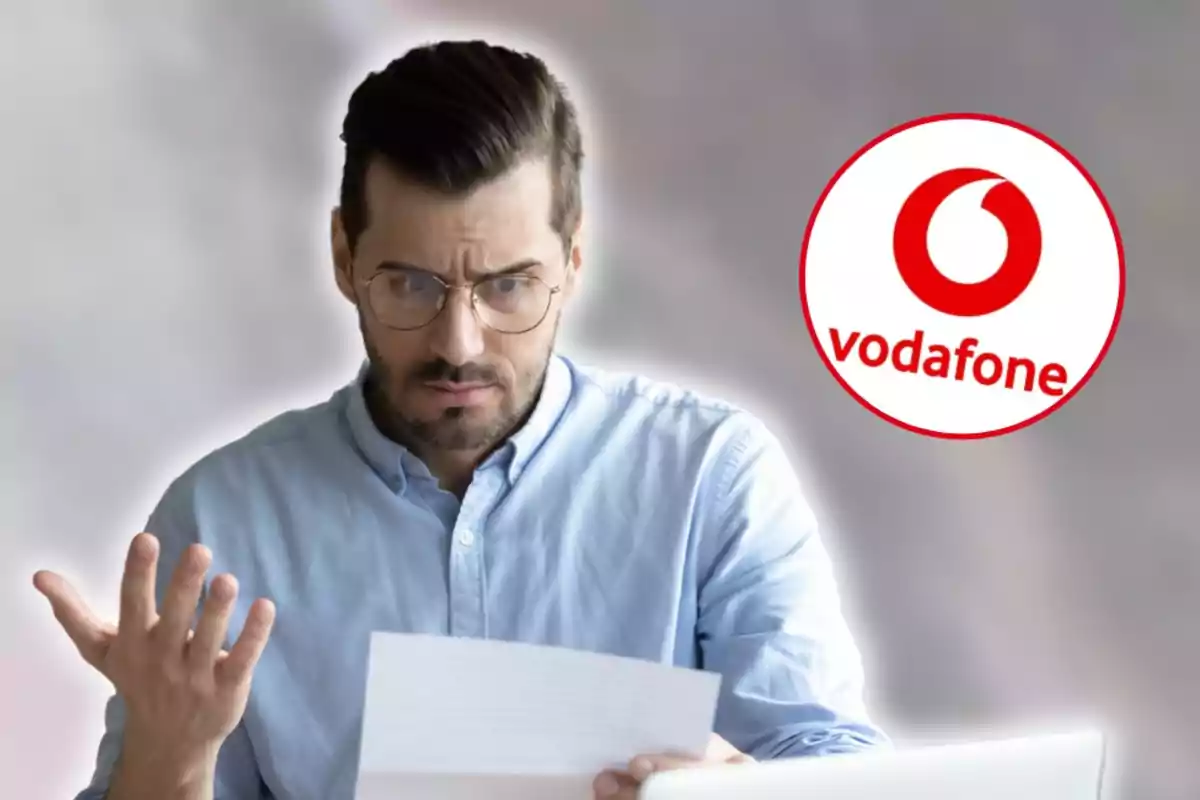 Hombre con expresión preocupada leyendo un documento, con el logo de Vodafone en la esquina superior derecha.