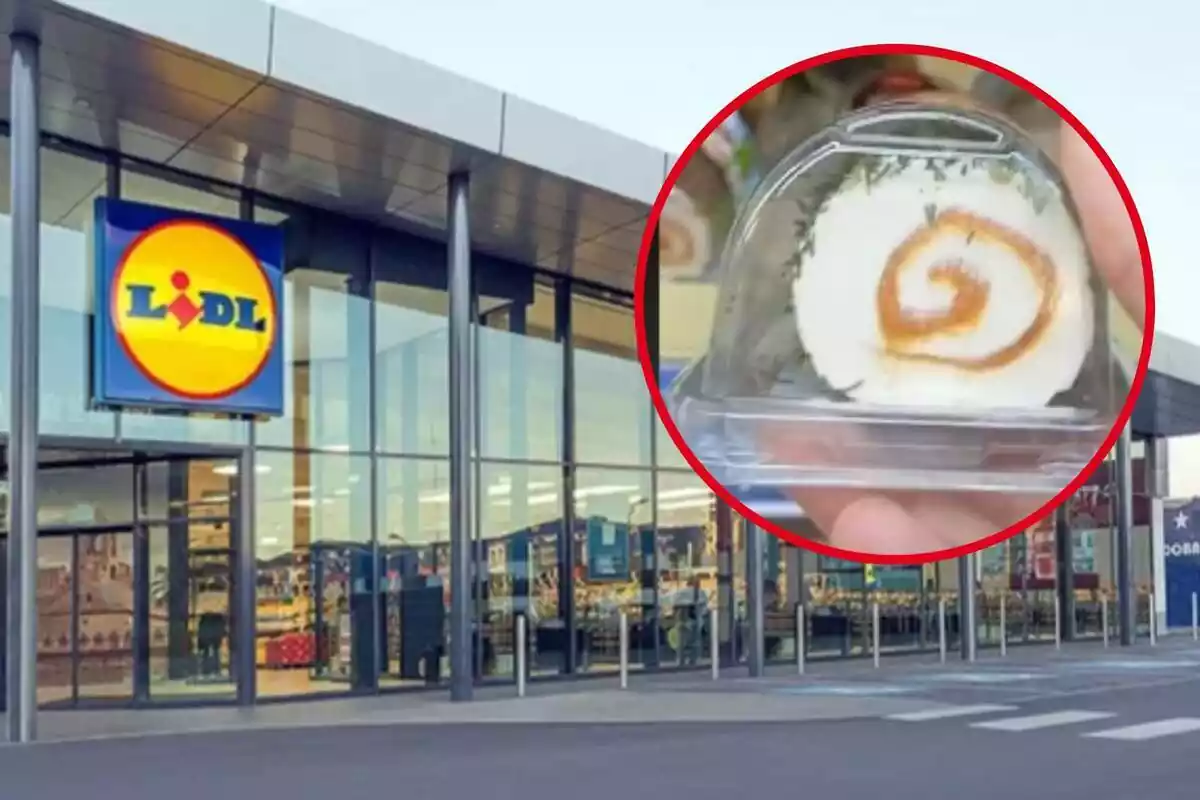Muntatge amb la façana de vidre d'un supermercat de Lidl i en un cercle el seu rul·lo de formatge amb salmó salvatge