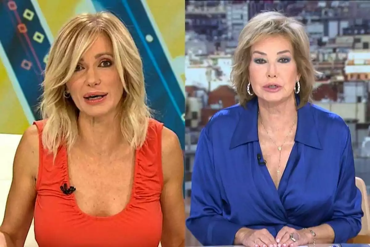 Susanna Grisoo amb brusa taronja i cabell ros clar a l'esquerra, i Ana Rosa Quintana amb brusa blava i cabell ros fosc a la dreta, ambdues en un plató de televisió.