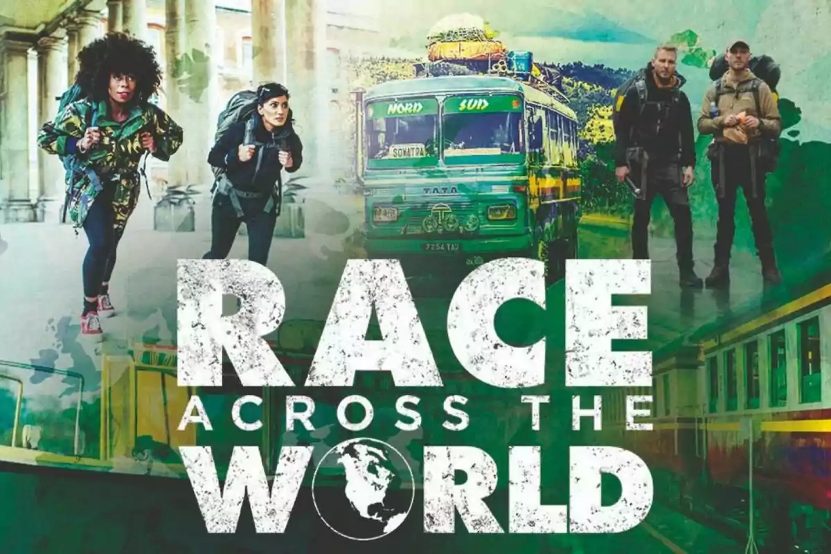 Cartell promocional d’un programa de competició de viatges on apareixen dos equips de persones amb motxilles, un autobús colorit i un tren, amb el text Race Across the World en lletres grans i blanques.