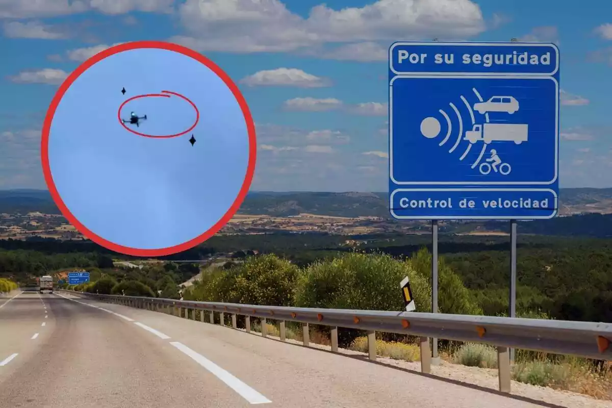 Una carretera amb un cartell que avisa de radar i un cercle amb un dron envoltat