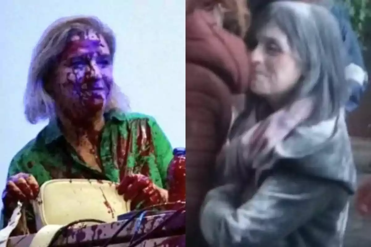 Dues imatges d'una dona, a la primera està coberta de pintura vermella i morada, ia la segona està dreta amb una expressió neutral.