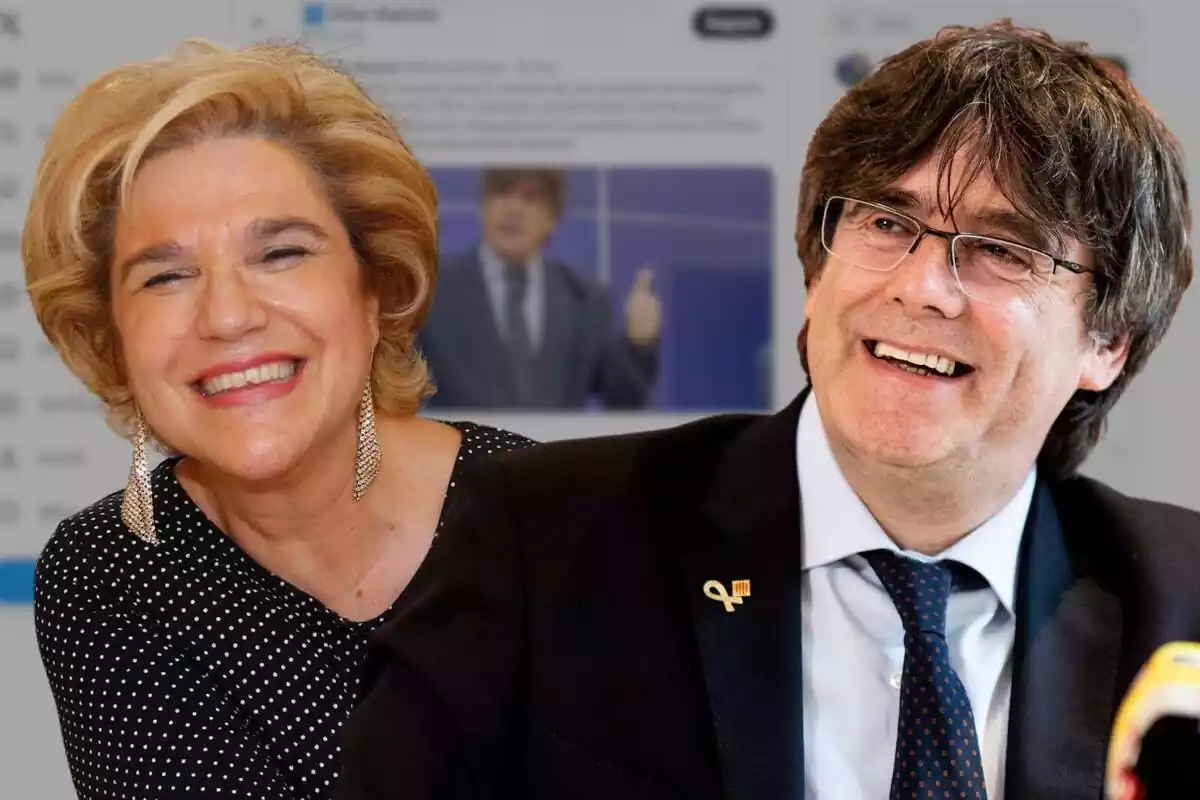 Fotomuntatge amb la tertuliana Pilar Rahola i l'expresident Carles Puigdemont molt somrients amb una captura de twitter de fons