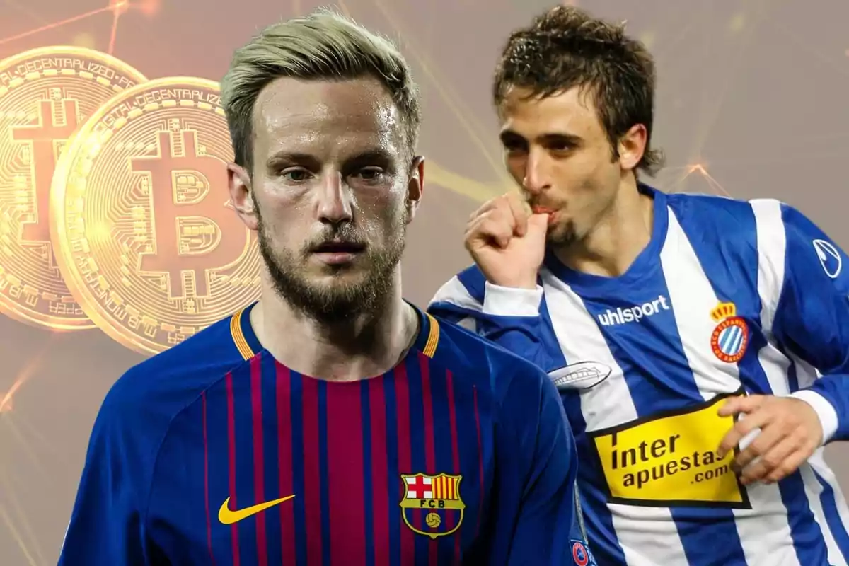 Two players wearing Barcelona and Espanyol uniforms appear in front of a background with bitcoin coins.