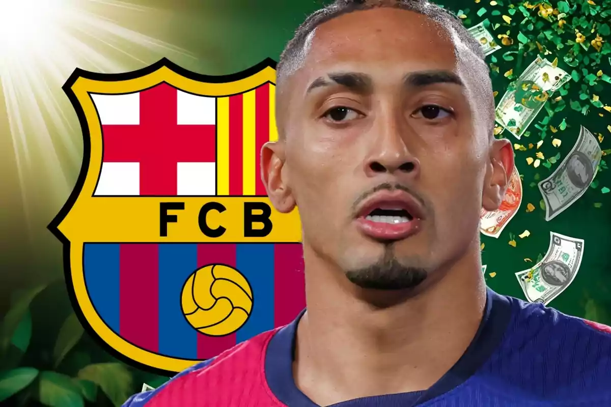 Un jugador de futbol amb la samarreta del FC Barcelona apareix davant de l'escut del club i bitllets flotant a l'aire.