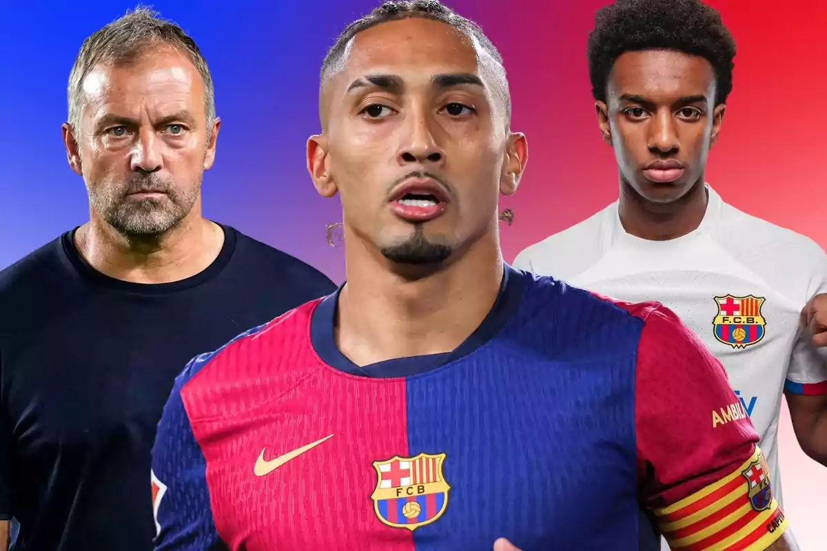 Tres personas con camisetas del FC Barcelona posan frente a un fondo degradado de azul a rojo.