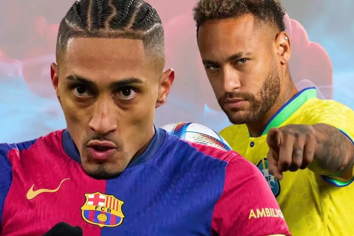 Two players wearing different team jerseys, one in the foreground with a Barcelona jersey and the other in the background pointing forward.