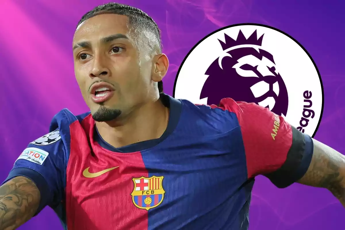 A player wearing the FC Barcelona jersey appears in the foreground with the Premier League logo in the background against a purple backdrop.