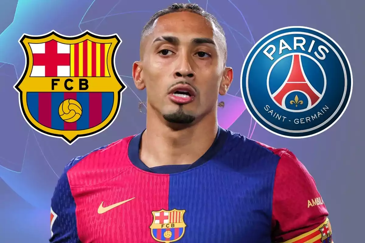 Un jugador de futbol amb la samarreta del FC Barcelona és al centre de la imatge, amb els escuts del FC Barcelona i del Paris Saint-Germain al seu voltant.