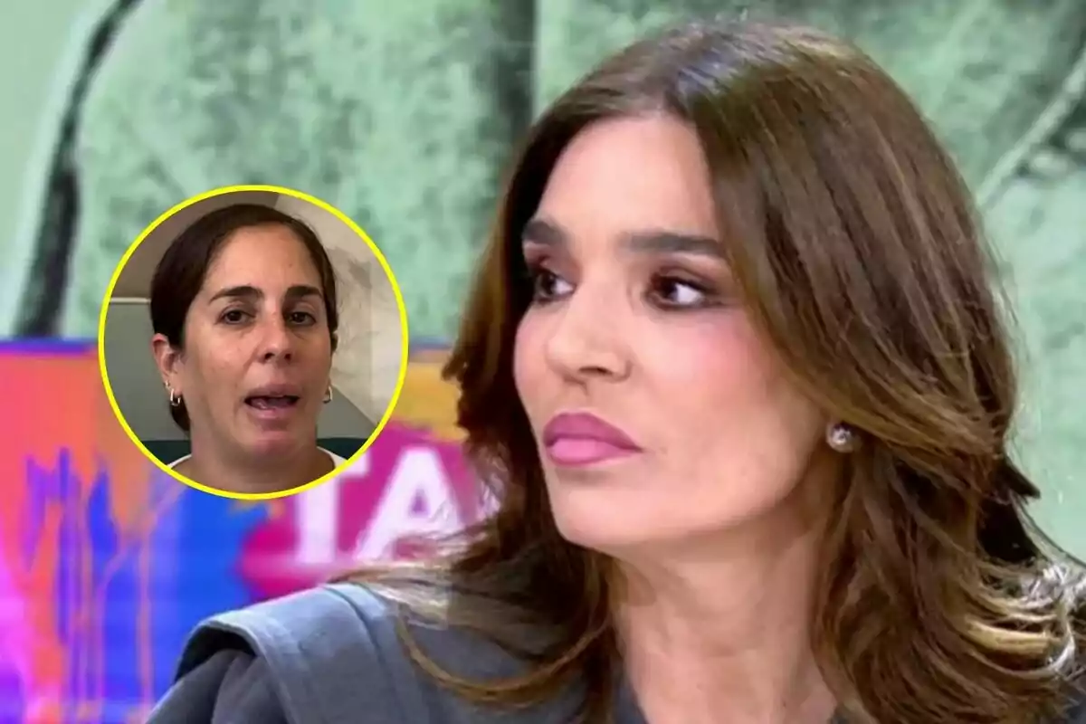 Raquel Bollo con cabello castaño y expresión seria en Tardear aparece en primer plano, mientras que en la esquina superior izquierda hay un recuadro circular con la imagen de Anabel Pantoja de cabello oscuro y expresión de preocupación.