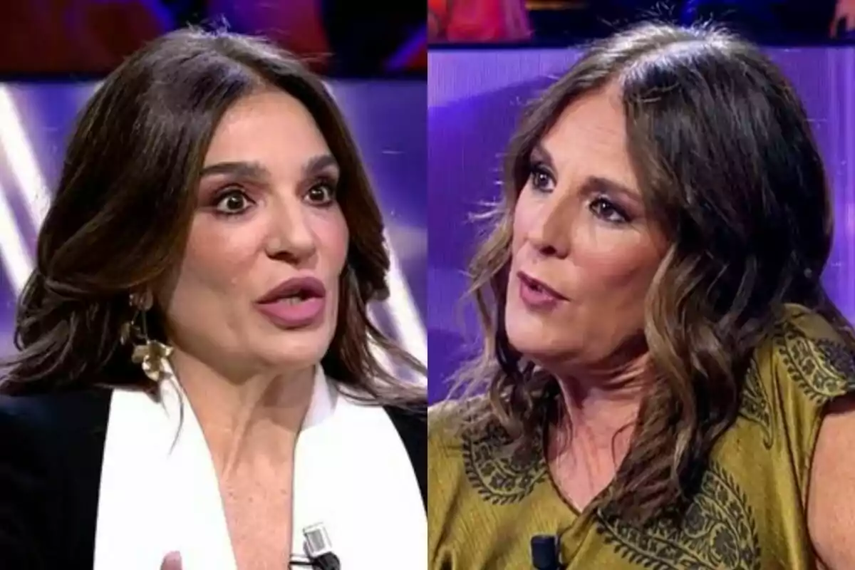 Raquel Bollo i Ángel Portero conversant en un programa de televisió, una porta un vestit blanc i negre i l'altra un vestit daurat amb detalls foscos.