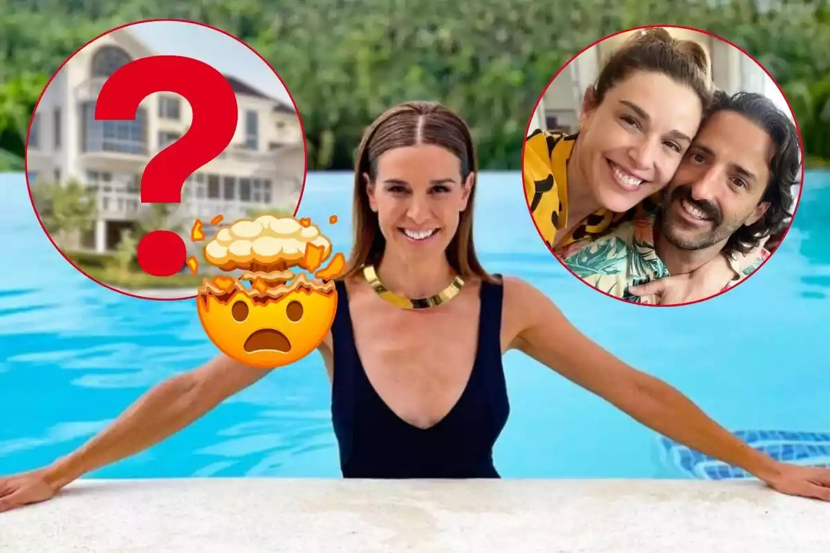 Raquel Sánchez Silva en una piscina amb retallades d'interrogant i la seva parella, i un emoji de sorpresa