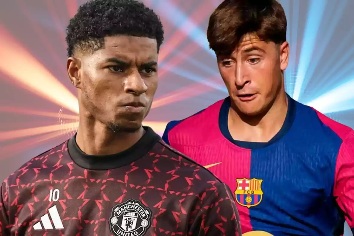 Dos jugadores de fútbol con uniformes de Manchester United y FC Barcelona, con un fondo de luces brillantes.