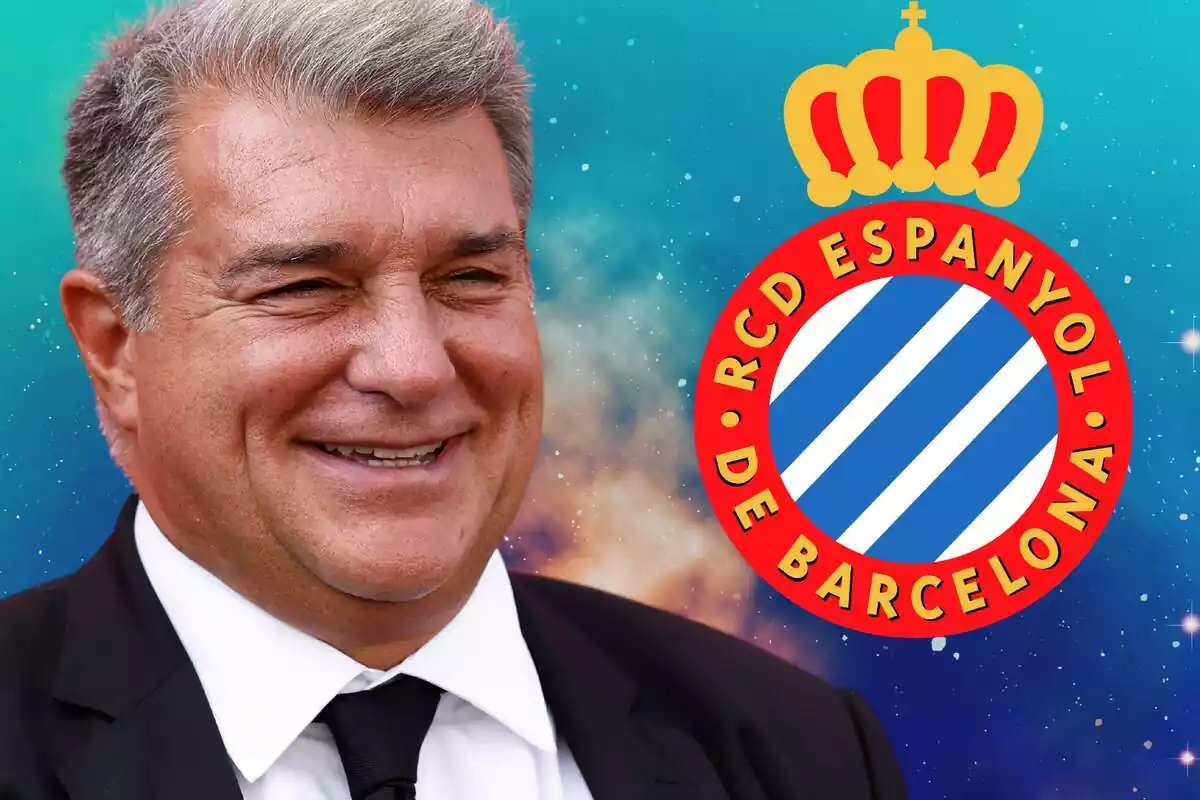 Muntatge de Joan Laporta amb escut del RCD Espanyol