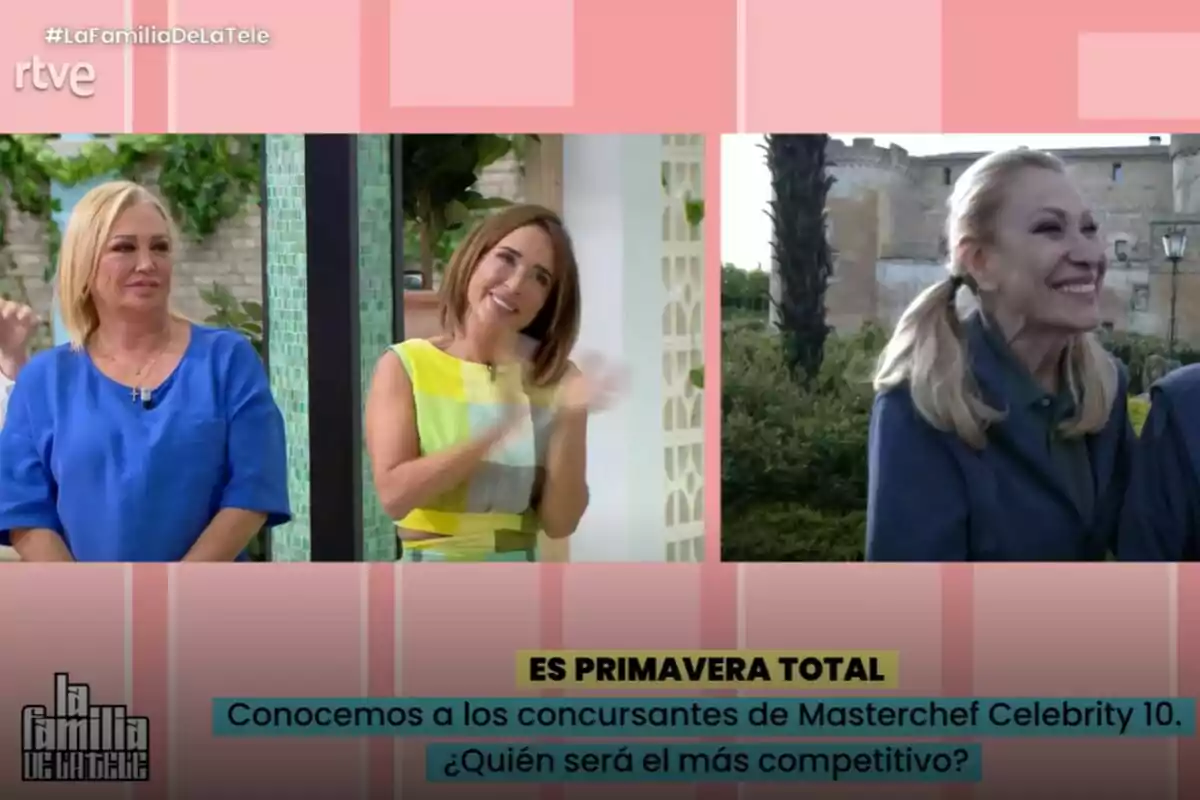 Belén Esteban, María Patiño i Rosa Benito somriuen en un programa de televisió, amb gràfics que mencionen els concursants de Masterchef Celebrity 10 i la pregunta sobre qui serà el més competitiu a La Família de la Tele.
