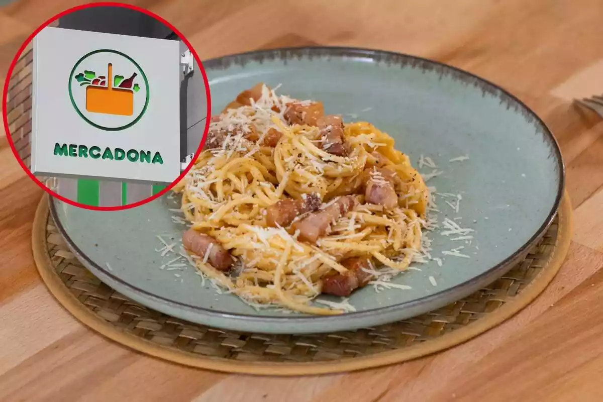 Muntatge amb un cercle amb el logotip de Mercadona i fotografia del plat de spaghetti a la carbonara de Mercadona