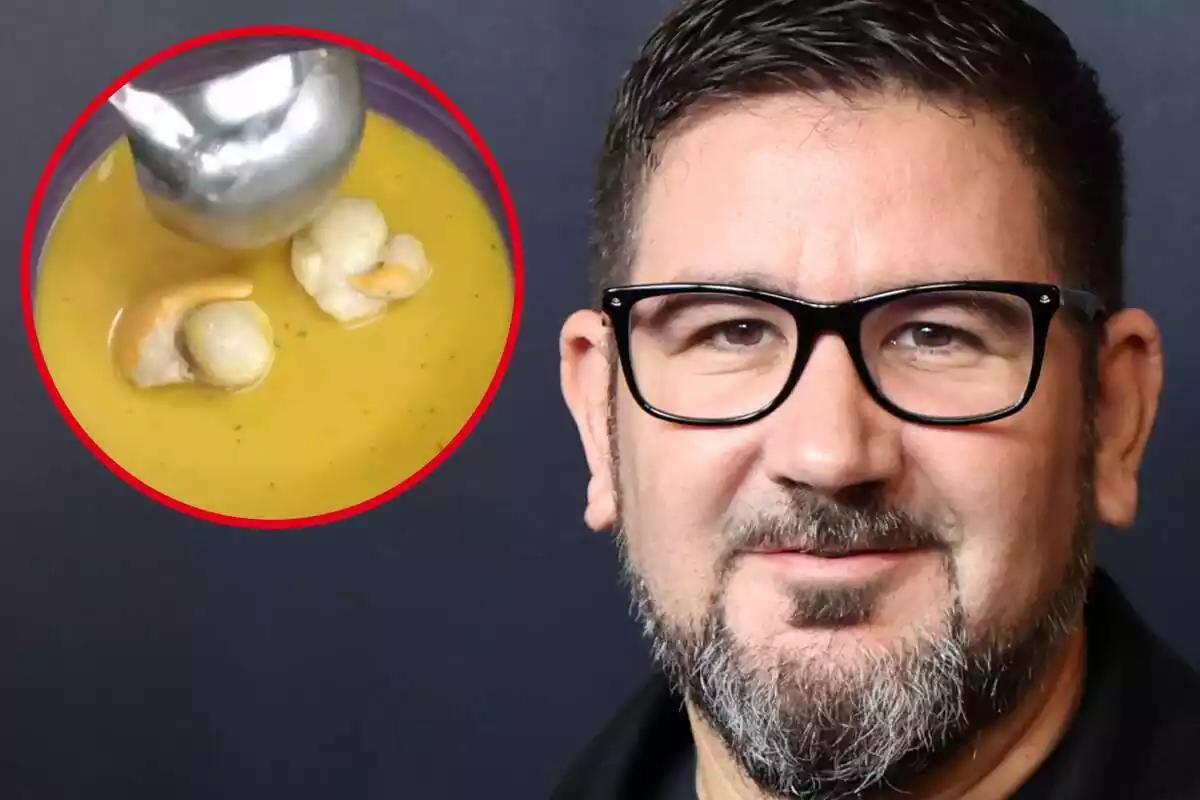 Imatge de fons del xef Dani García a un photocall i una altra d'un dels seus plats, sopa de marisc