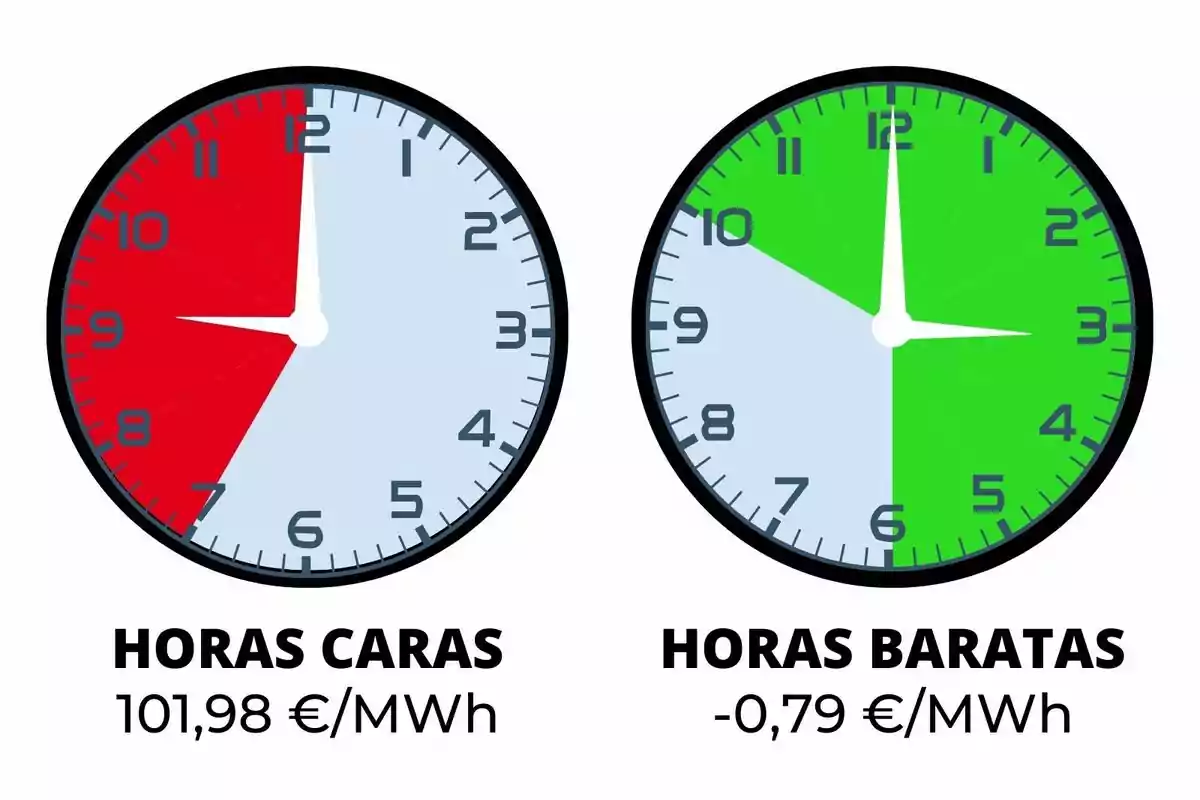 La imatge mostra dos rellotges, un amb una secció vermella indicant "HORES CARES" amb un cost de 101,98 €/MWh i un altre amb una secció verda indicant "HORES BARATAS" amb un cost de -0,79 €/MWh.