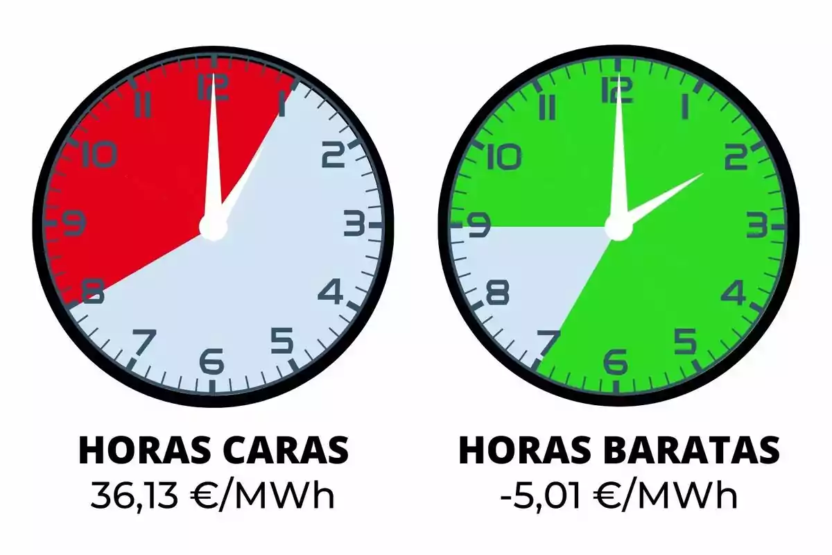 Dos rellotges mostren les hores cares i barates d'energia, el primer amb un cost de 36,13 €/MWh en vermell i el segon amb un cost de -5,01 €/MWh en verd.