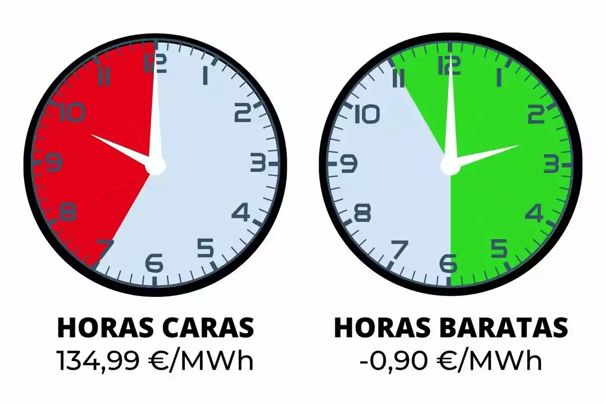 Dos rellotges mostren franges horàries, un amb fons vermell indicant hores cares d’electricitat i preu de 134,99 euros per megawatt hora, i un altre amb fons verd indicant hores barates i preu de menys 0,90 euros per megawatt hora.