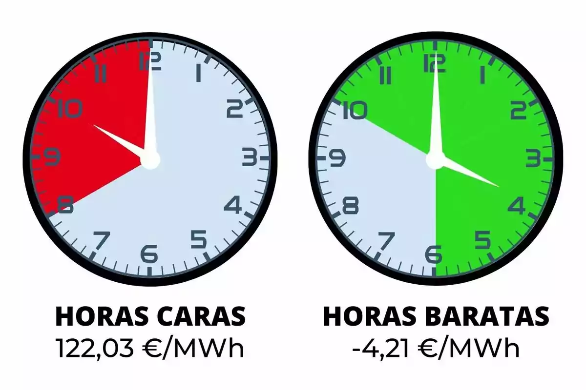 Dos rellotges mostren les hores cares i barates d'energia, el primer té un fons vermell indicant un cost de 122,03 €/MWh i el segon un fons verd indicant un cost de -4,21 €/MWh.