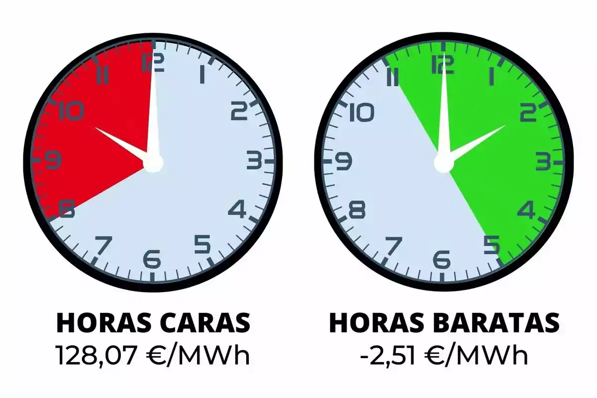 Dos rellotges mostren les hores cares i barates de l'electricitat, amb preus de 128,07 €/MWh i -2,51 €/MWh respectivament.