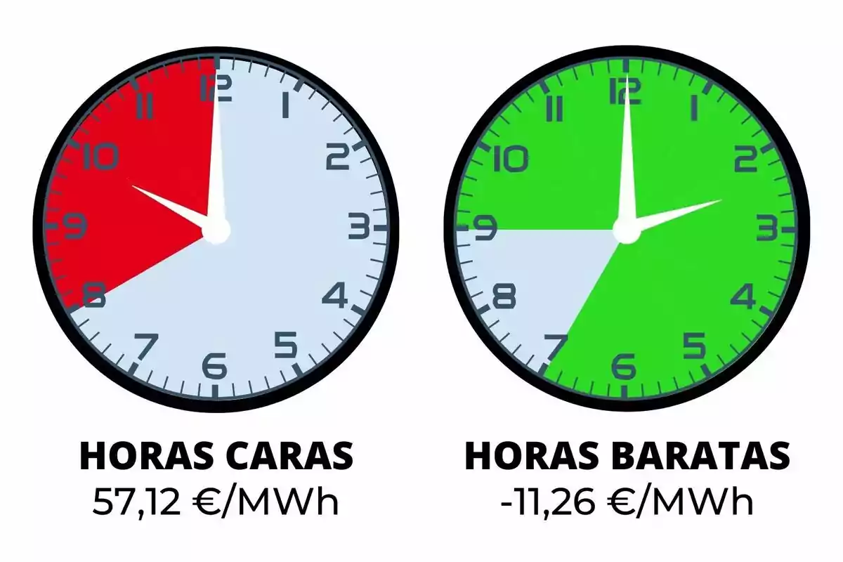 Dos rellotges mostren les hores cares i barates d'energia; el rellotge de l'esquerra té un segment vermell de 8 a 10 indicant hores cares amb un cost de 57,12 €/MWh, mentre que el rellotge de la dreta té un segment verd de 10 a 7 indicant hores barates amb un cost de -11,26 €/MWh.