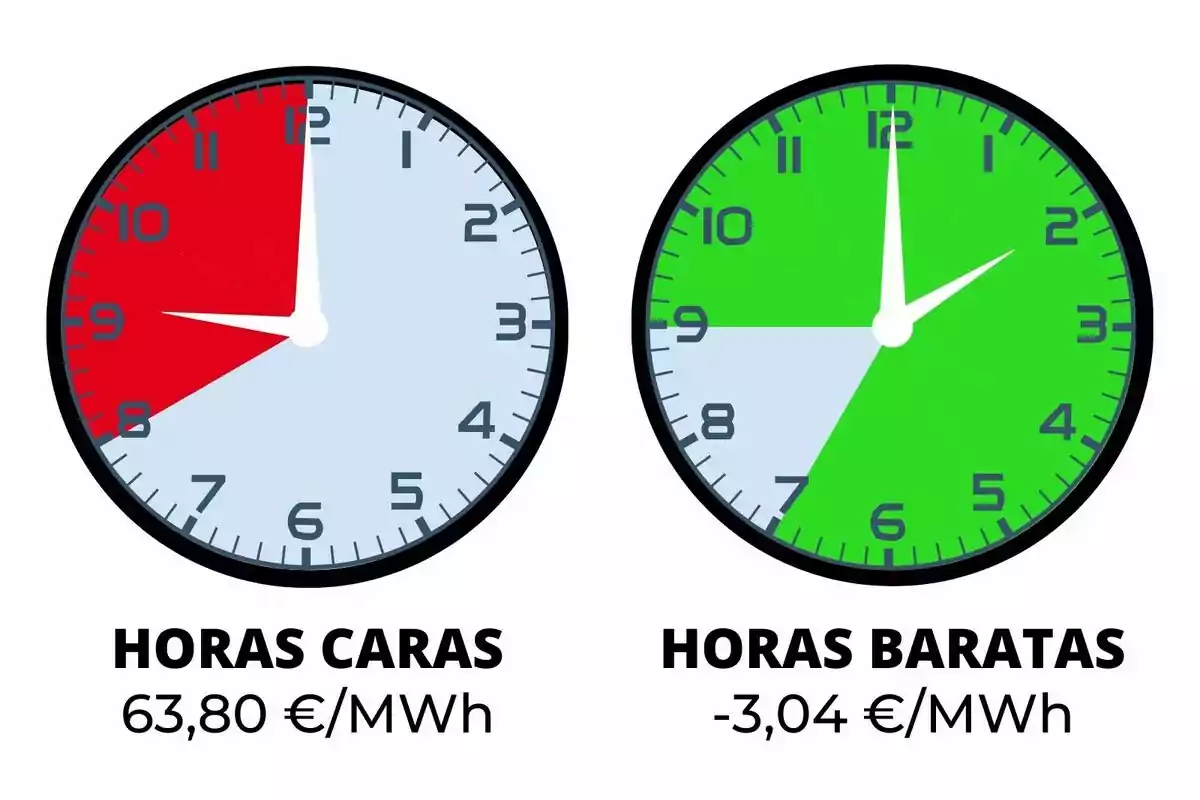 Dos rellotges mostren diferents tarifes d'energia: el de l'esquerra indica "Hores Cares" amb un cost de 63,80 €/MWh i un segment vermell de 8 a 11, mentre que el de la dreta mostra "Hores Barates" amb un cost de -3,04 €/MWh i un segment verd d'11 a 7.