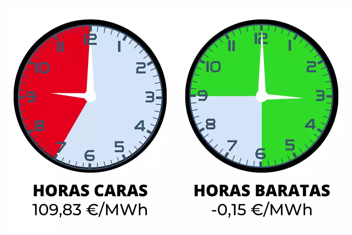 La imatge mostra dos rellotges. El rellotge de l'esquerra té una secció vermella que indica "HORES CARES" amb un cost de 109,83 €/MWh. El rellotge de la dreta té una secció verda que indica "HORES BARATES" amb un cost de -0,15 €/MWh.