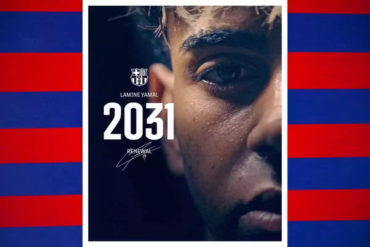 Close-up of the face of a young footballer with the FC Barcelona crest and the text Close-up of the face of a young footballer with the FC Barcelona crest and the text