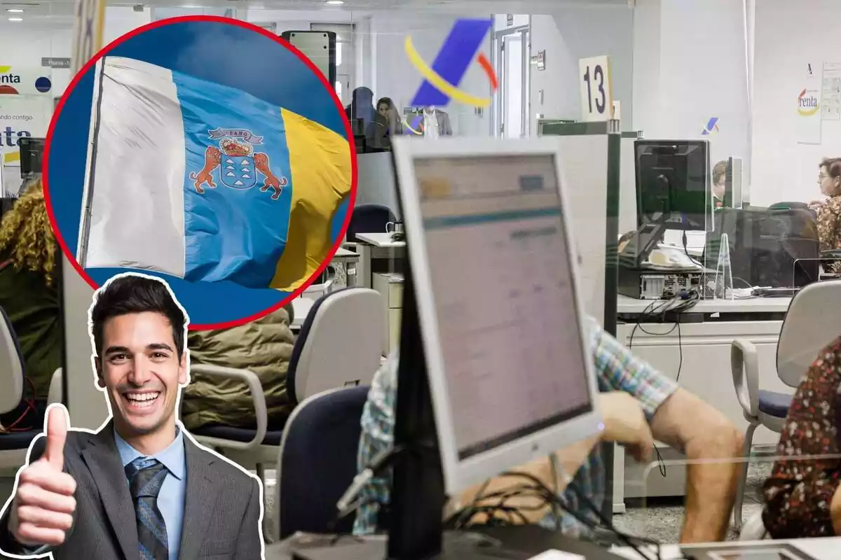 Imatge de fons d´una oficina d´Hisenda durant la Campanya de la Renda i una altra imatge d´una bandera de Canàries i una darrera d´un home amb gest d´aprovació