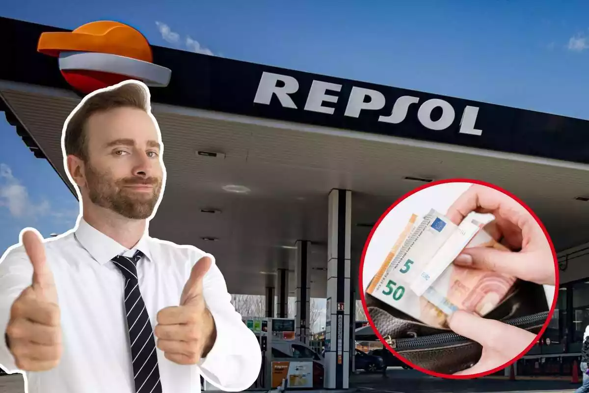 Imatge de fons d´una estació Repsol amb una altra imatge d´un home amb els polzes a dalt i una tercera imatge de bitllets en una cartera