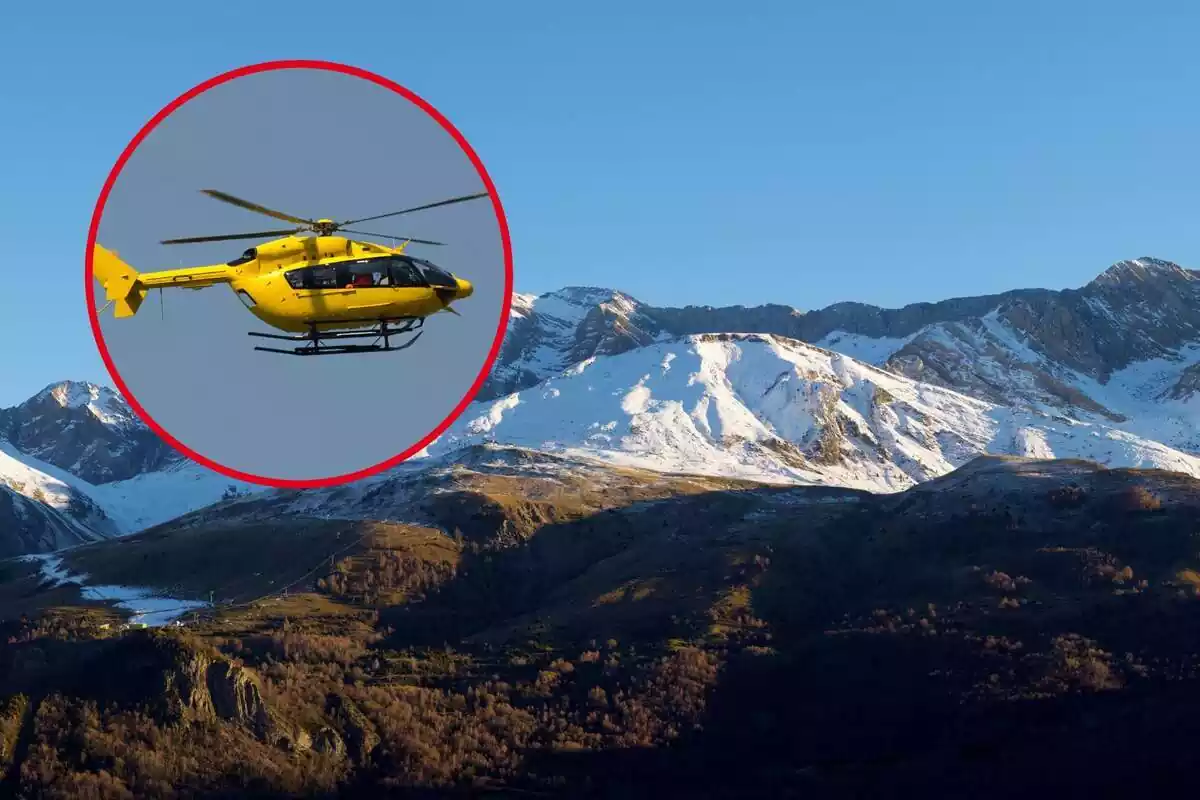 Una muntanya amb neu de fons, i al cercle, un helicòpter.