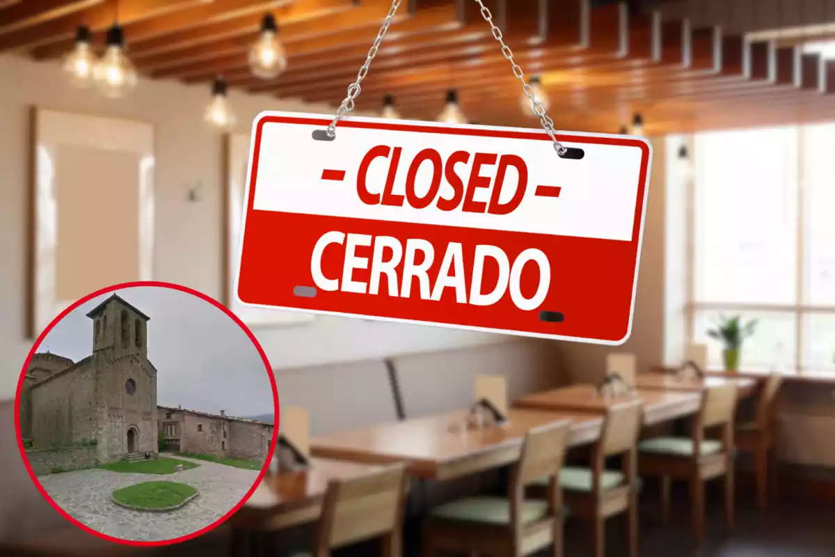 Muntatge restaurant difuminat amb cartell de 'Cerrado' i cercle amb església romànica de Sant Jaume de Frontanyà