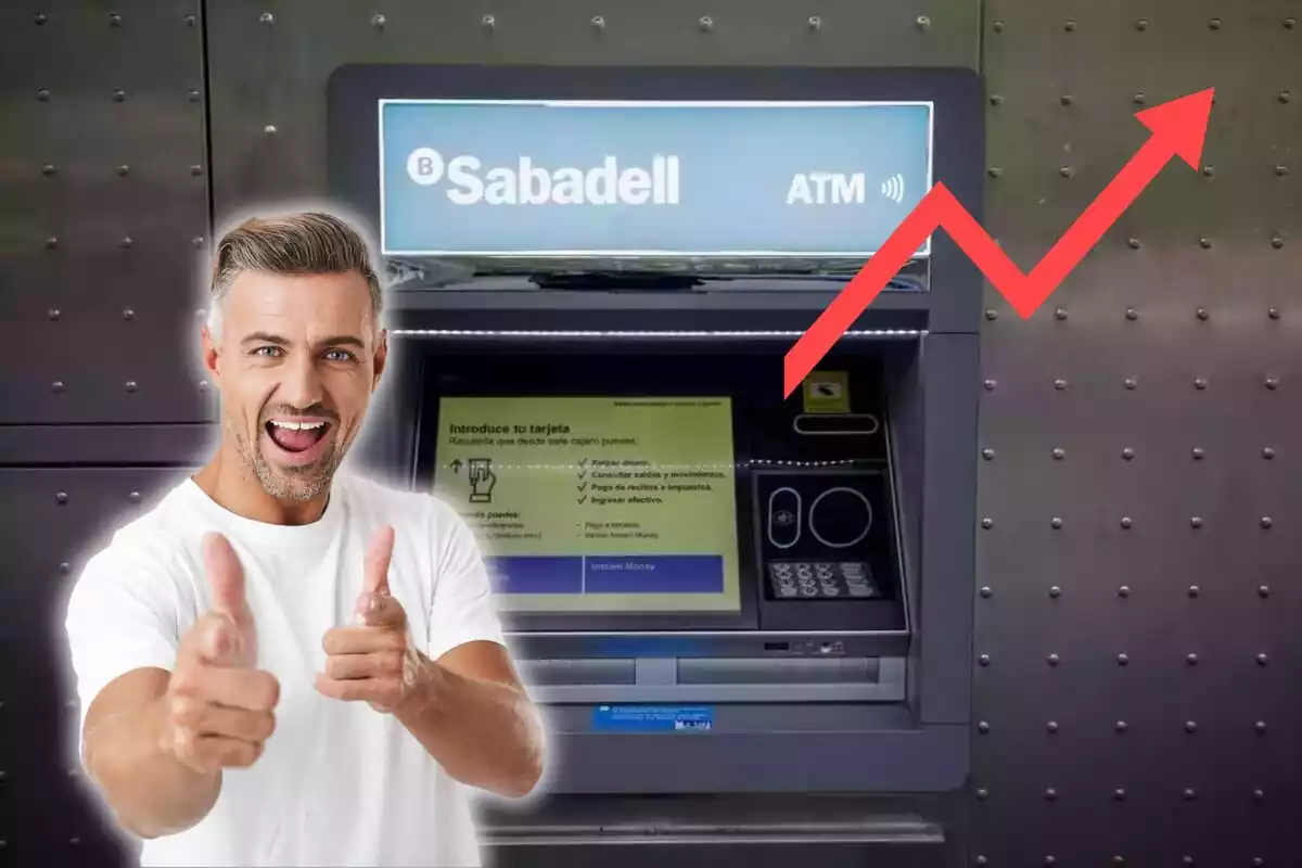 Un caixer del Banco Santander, amb una fletxa cap amunt, i un home somrient
