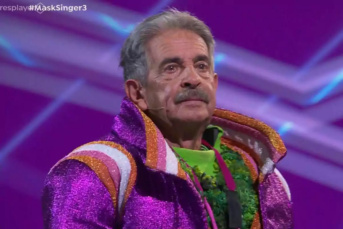 Miguel Ángel Revilla amb un vestit brillant i colorit en un escenari porpra de Mask Singer.