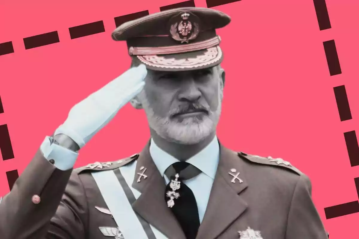 Rei Felip VI amb uniforme militar saludant amb la mà dreta en un fons rosa amb línies negres.