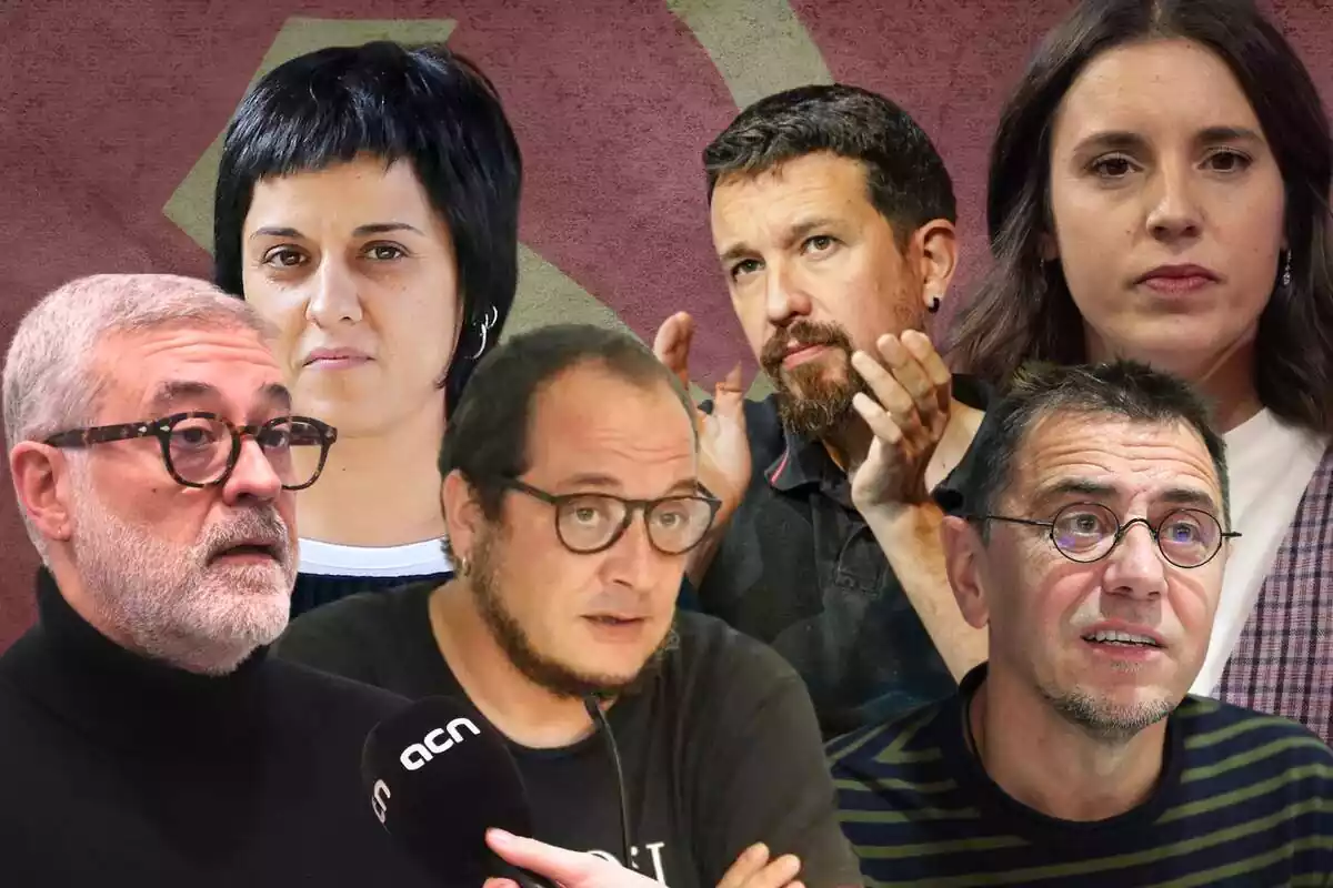 Muntatge amb els polítics de l'esquerra catalana i espanyola, Carles Riera, Anna Gabriel i David Fernández de la CUP, i Pablo Iglesias, Irene Montero i Juan Carlos Monedero de Podemos, amb la bandera comunista de fons