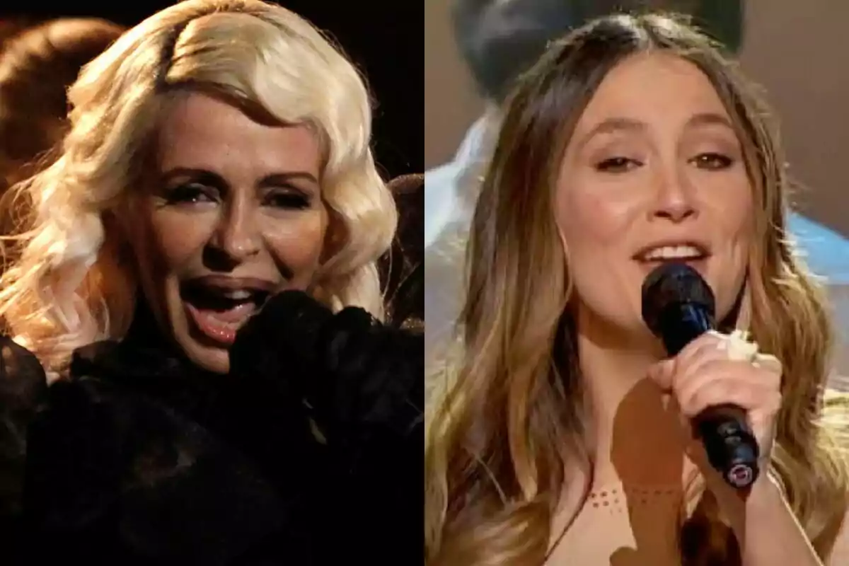 Dos mujeres cantando en un escenario del Benidorm Fest, Nebulossa con cabello rubio y Rigoberta Bandini con cabello castaño.