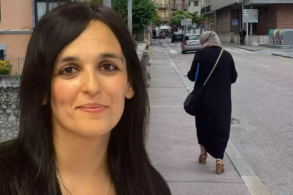 Muntatge amb un primer pla de Sílvia Orriols i la foto d'un carrer de Ripoll amb una dona musulmana d'esquena de fons